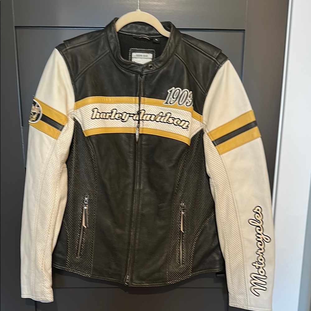 Harley-Davidson Women's Black and White Leather Jacket with Gold Accents